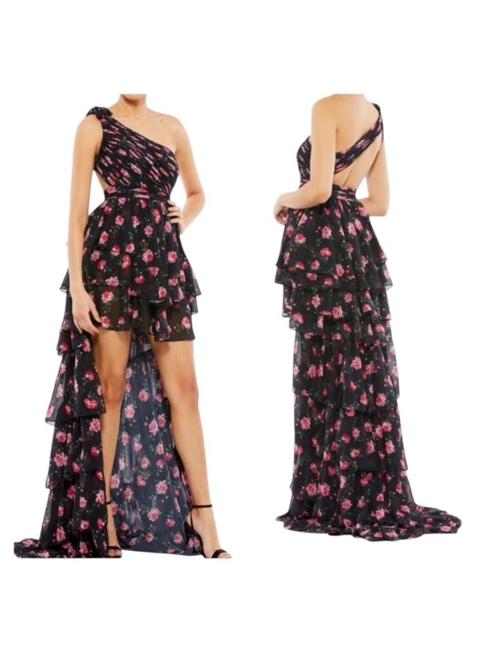 Mac Duggal Black Floral One-Shoulder Ruffle Hi-Low Gown